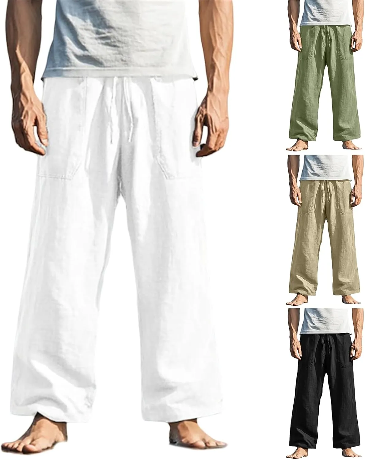 Men's Pants Casual Relaxed Fit Drawstring Waist Front Pocket Straight Pants Lightweight Solid Color Beach Trousers
