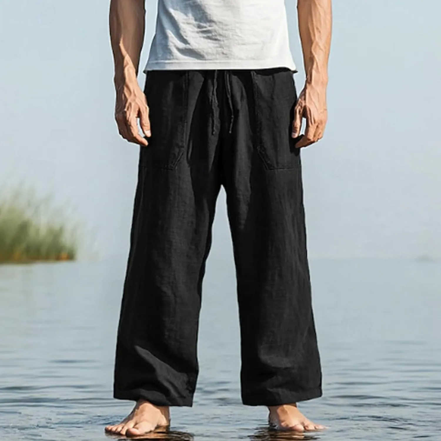 Men's Pants Casual Relaxed Fit Drawstring Waist Front Pocket Straight Pants Lightweight Solid Color Beach Trousers