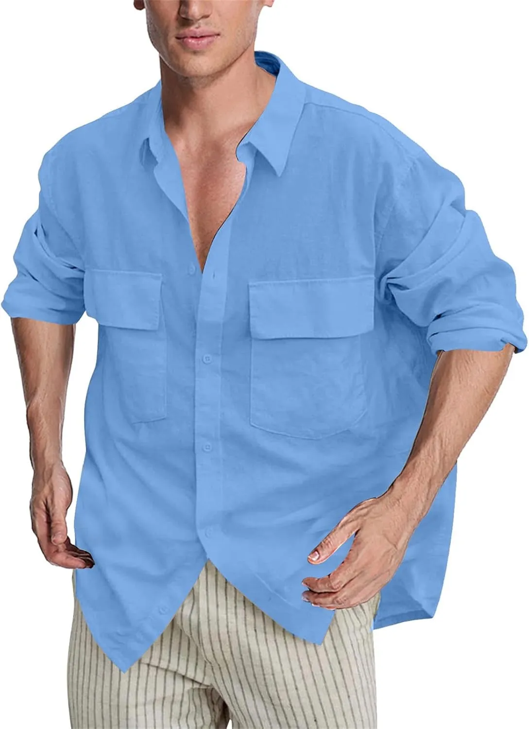 Mens Plus Size Cotton Linen Shirt with 2 Big Pockets Combat Outdoor Traveling Tops Long Sleeve Light Casual Versatile Shirts