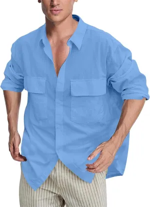 Mens Plus Size Cotton Linen Shirt with 2 Big Pockets Combat Outdoor Traveling Tops Long Sleeve Light Casual Versatile Shirts