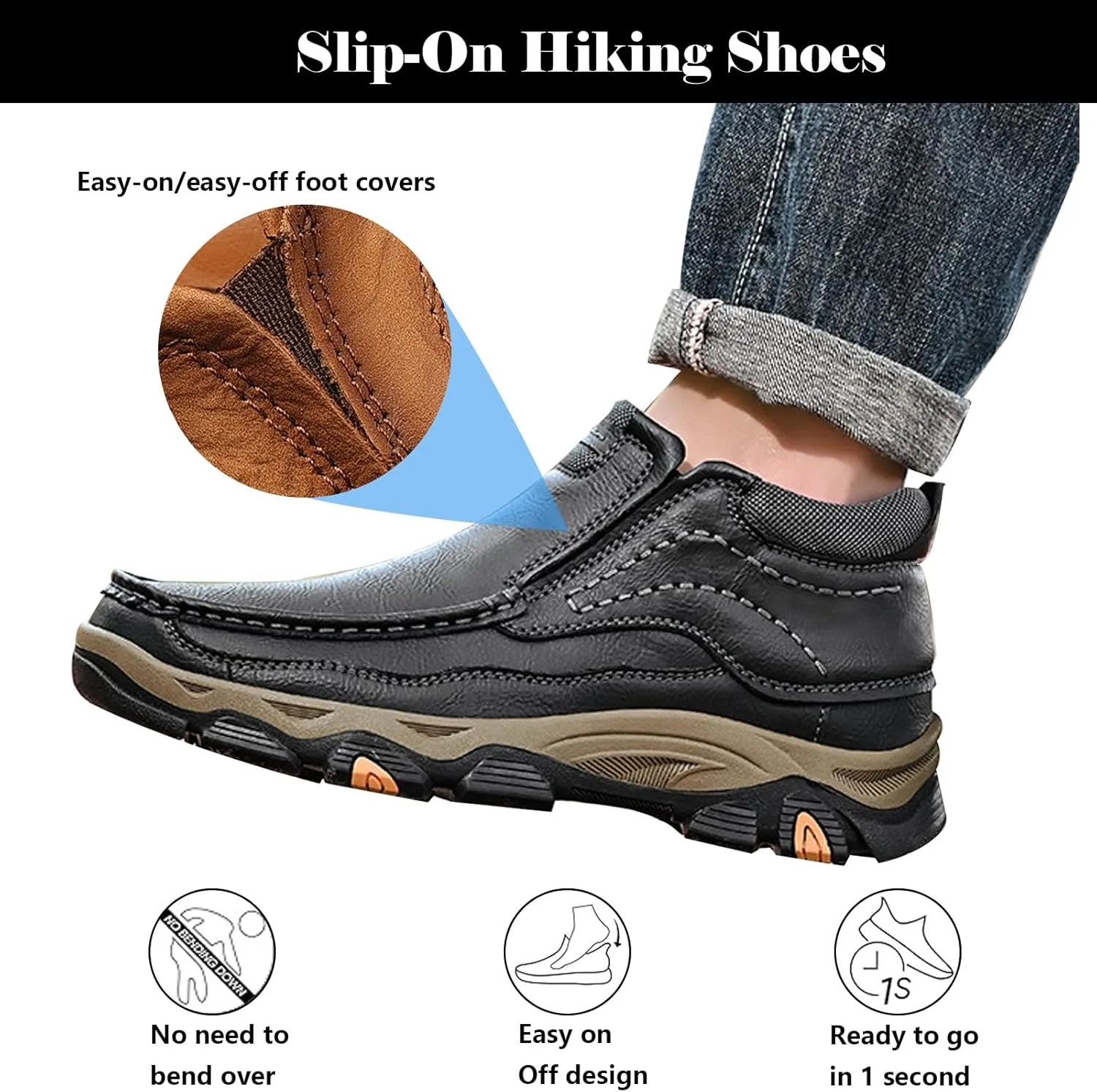Men's Waterproof Hiking Boots, Men Leather Slip-On Loafers, Non-Slip Walking Shoes, Outdoor Trekking Camping Sneakers, for Travel, Camping, Running