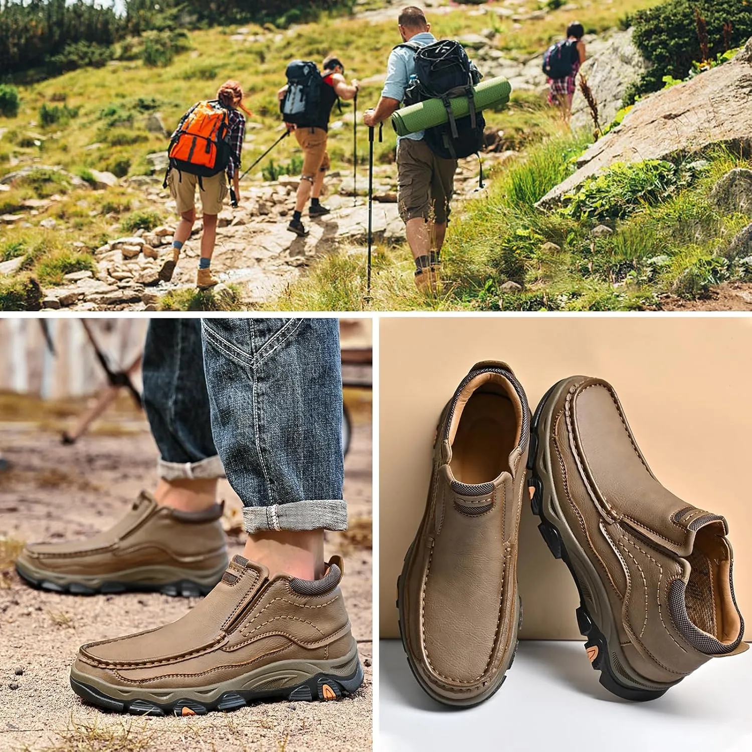 Men's Waterproof Hiking Boots, Men Leather Slip-On Loafers, Non-Slip Walking Shoes, Outdoor Trekking Camping Sneakers, for Travel, Camping, Running