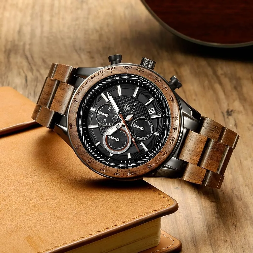 Men's Wood and Stainless Steel Watches, Chronograph 3 Dials Chronograph Quartz Casual Business Multifunctional Men's Wood Watches, Handmade