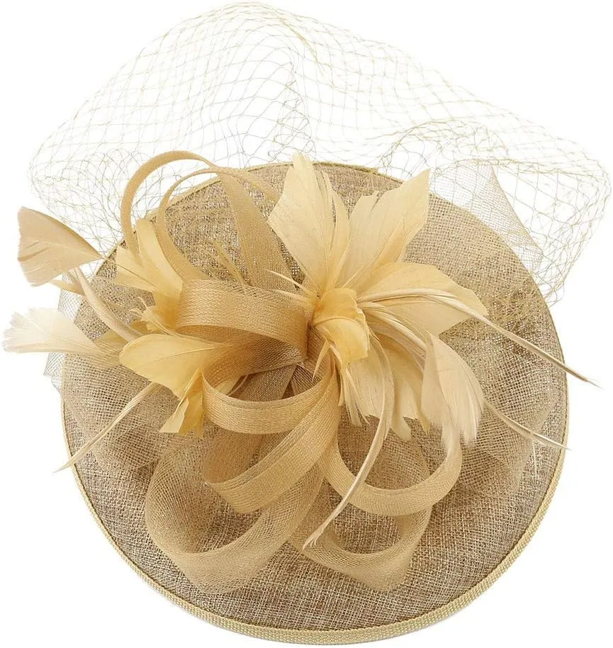 Mesh Feathers Hair Clip Hat for Women's Elegant Hat Strap Flower Feather Party Hat Headband Accessory