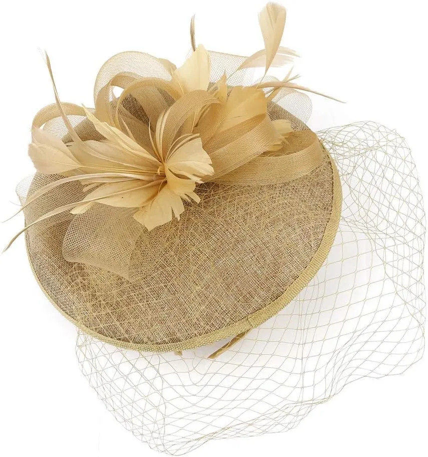 Mesh Feathers Hair Clip Hat for Women's Elegant Hat Strap Flower Feather Party Hat Headband Accessory