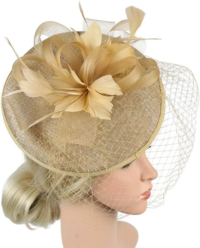 Mesh Feathers Hair Clip Hat for Women's Elegant Hat Strap Flower Feather Party Hat Headband Accessory