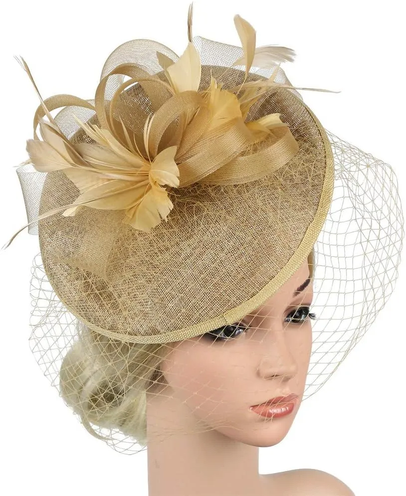 Mesh Feathers Hair Clip Hat for Women's Elegant Hat Strap Flower Feather Party Hat Headband Accessory