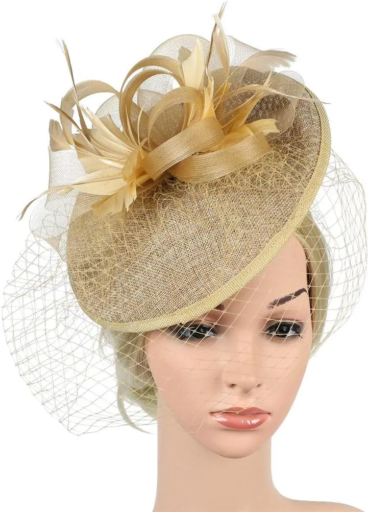 Mesh Feathers Hair Clip Hat for Women's Elegant Hat Strap Flower Feather Party Hat Headband Accessory