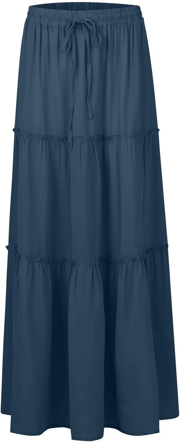 midelxp Flowy Maxi Skirts for Women Summer High Waisted Tiered Long Skirts Ladies Cute Lightweight Loose Beach Pleated Skirts