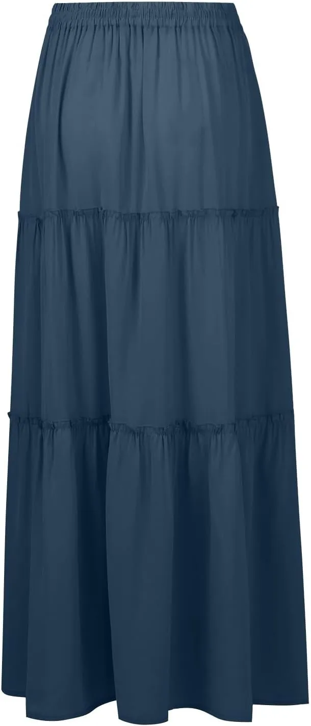 midelxp Flowy Maxi Skirts for Women Summer High Waisted Tiered Long Skirts Ladies Cute Lightweight Loose Beach Pleated Skirts