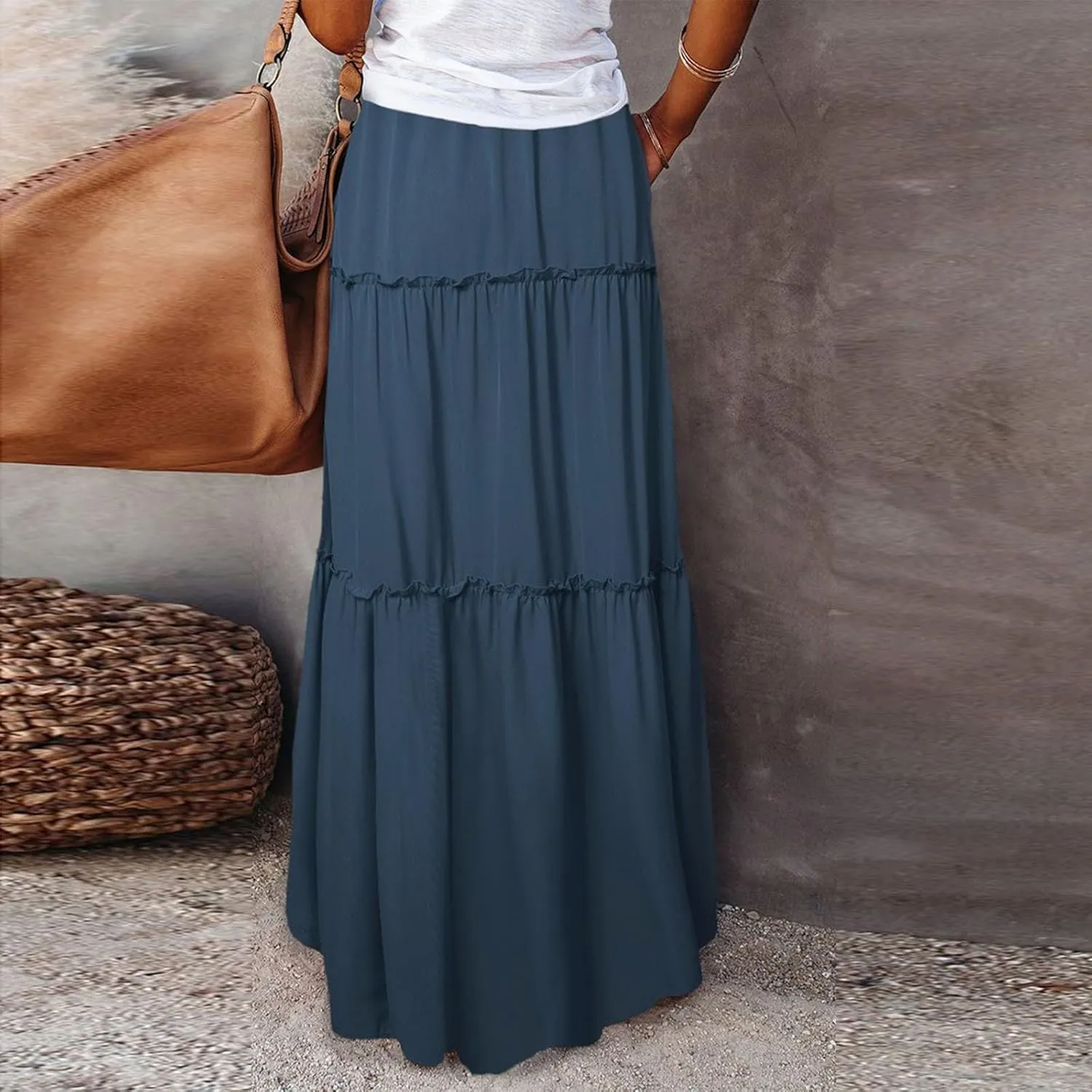 midelxp Flowy Maxi Skirts for Women Summer High Waisted Tiered Long Skirts Ladies Cute Lightweight Loose Beach Pleated Skirts