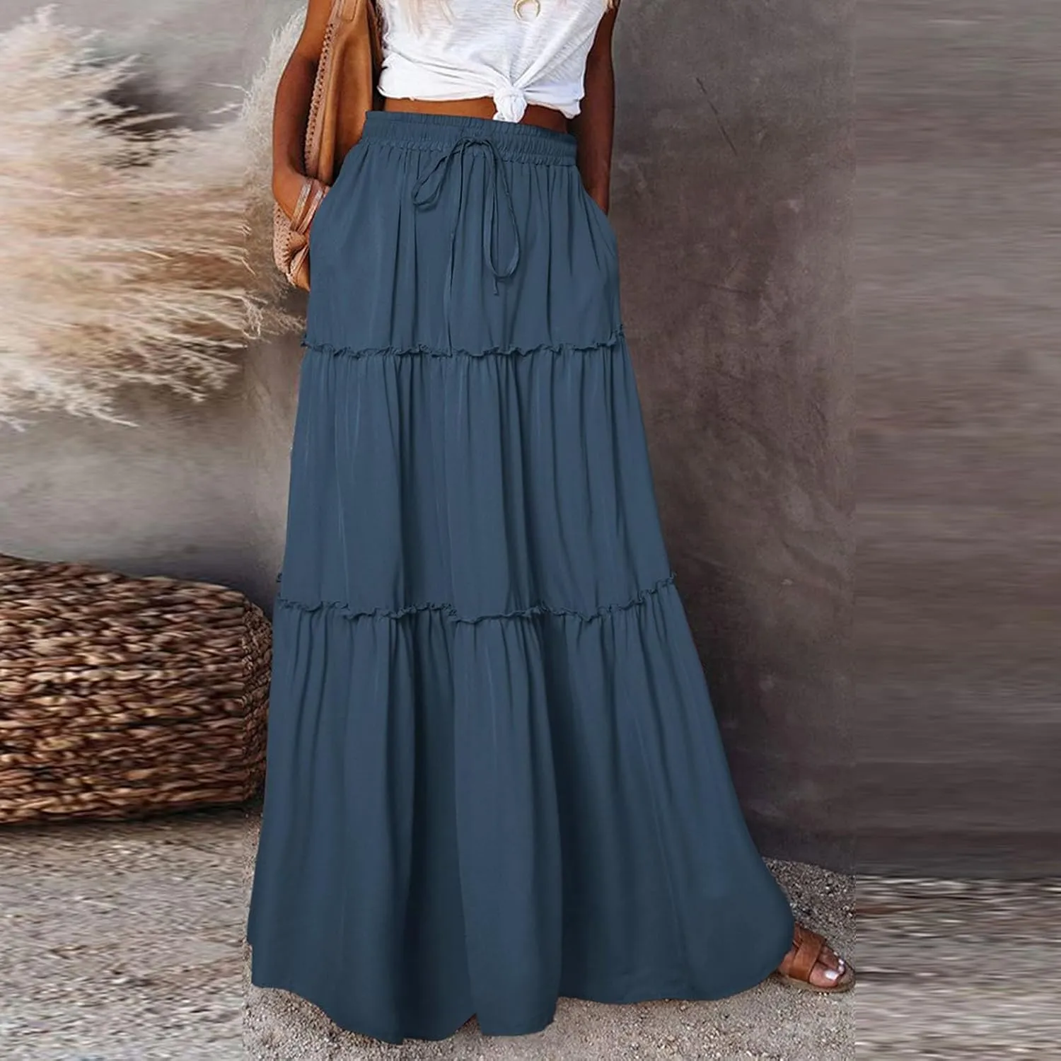 midelxp Flowy Maxi Skirts for Women Summer High Waisted Tiered Long Skirts Ladies Cute Lightweight Loose Beach Pleated Skirts