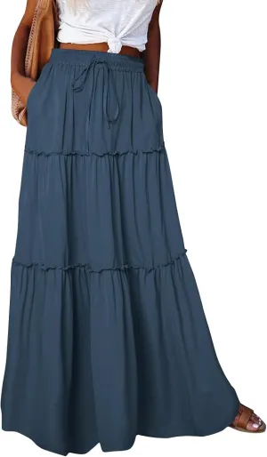 midelxp Flowy Maxi Skirts for Women Summer High Waisted Tiered Long Skirts Ladies Cute Lightweight Loose Beach Pleated Skirts