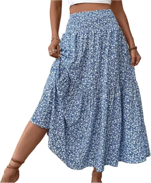 Midi Skirt,Flowy Long Skirts for Women 2025 Elastic High Waisted Pleated Womens Boho Maxi Skirt with Pockets Summer