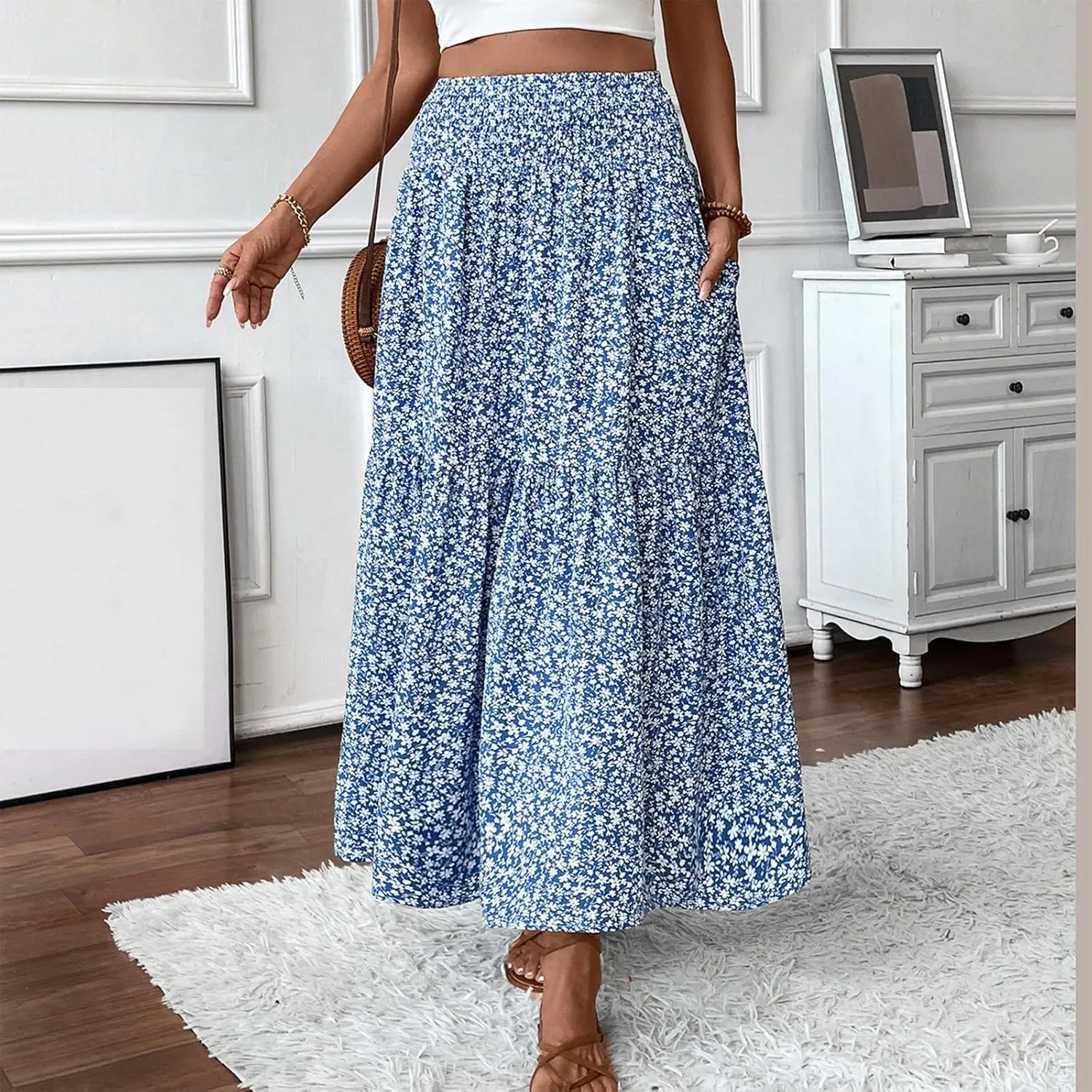 Midi Skirt,Flowy Long Skirts for Women 2025 Elastic High Waisted Pleated Womens Boho Maxi Skirt with Pockets Summer