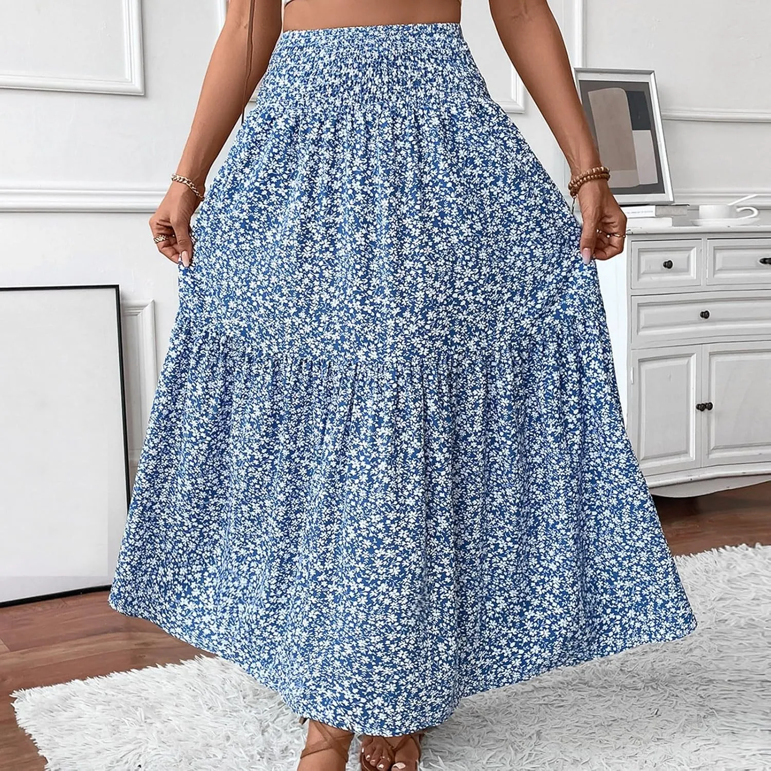 Midi Skirt,Flowy Long Skirts for Women 2025 Elastic High Waisted Pleated Womens Boho Maxi Skirt with Pockets Summer