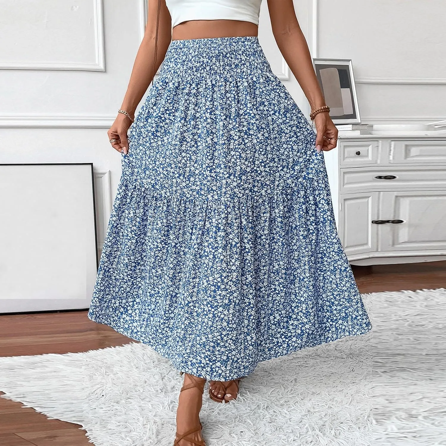Midi Skirt,Flowy Long Skirts for Women 2025 Elastic High Waisted Pleated Womens Boho Maxi Skirt with Pockets Summer