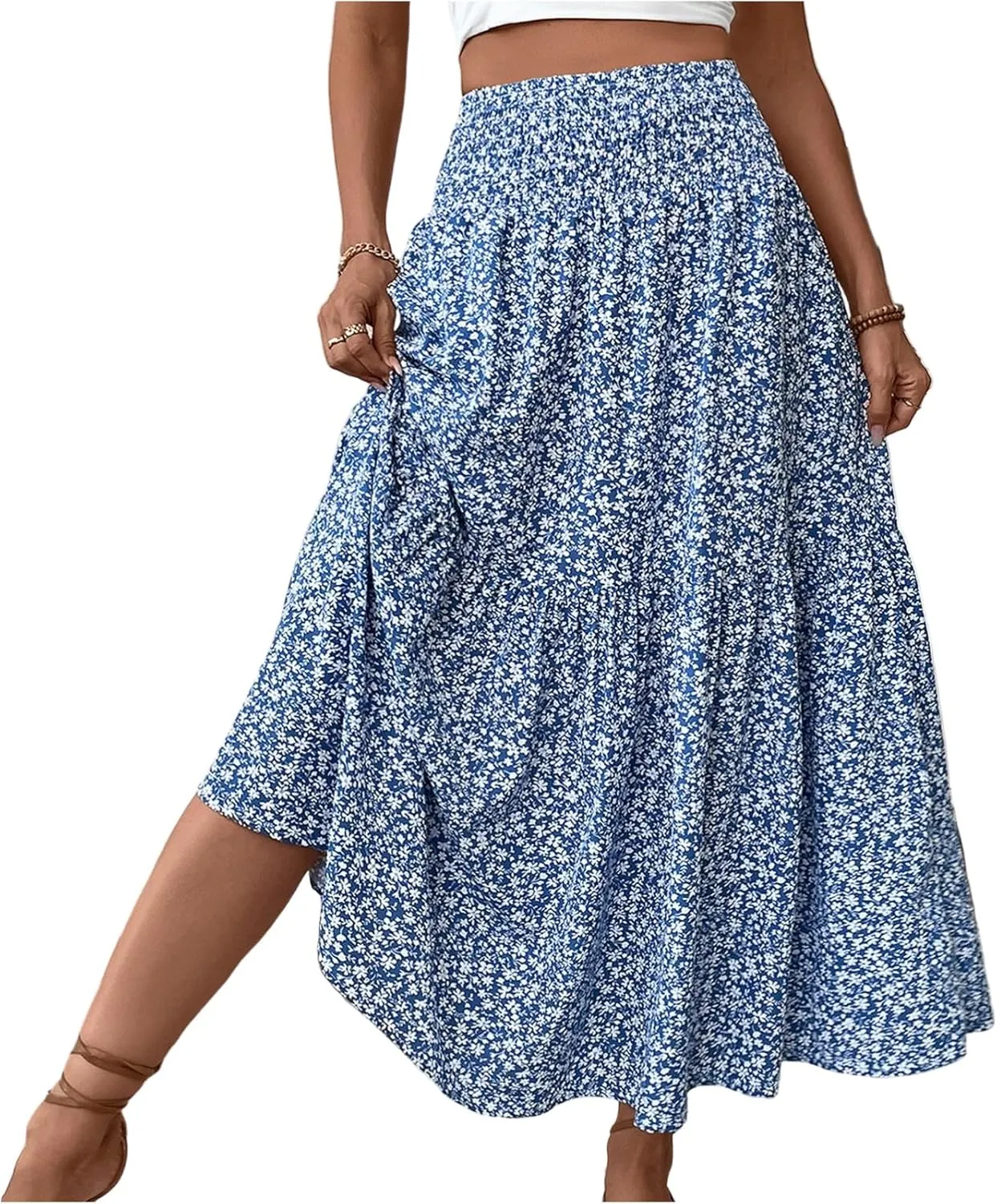 Midi Skirt,Flowy Long Skirts for Women 2025 Elastic High Waisted Pleated Womens Boho Maxi Skirt with Pockets Summer