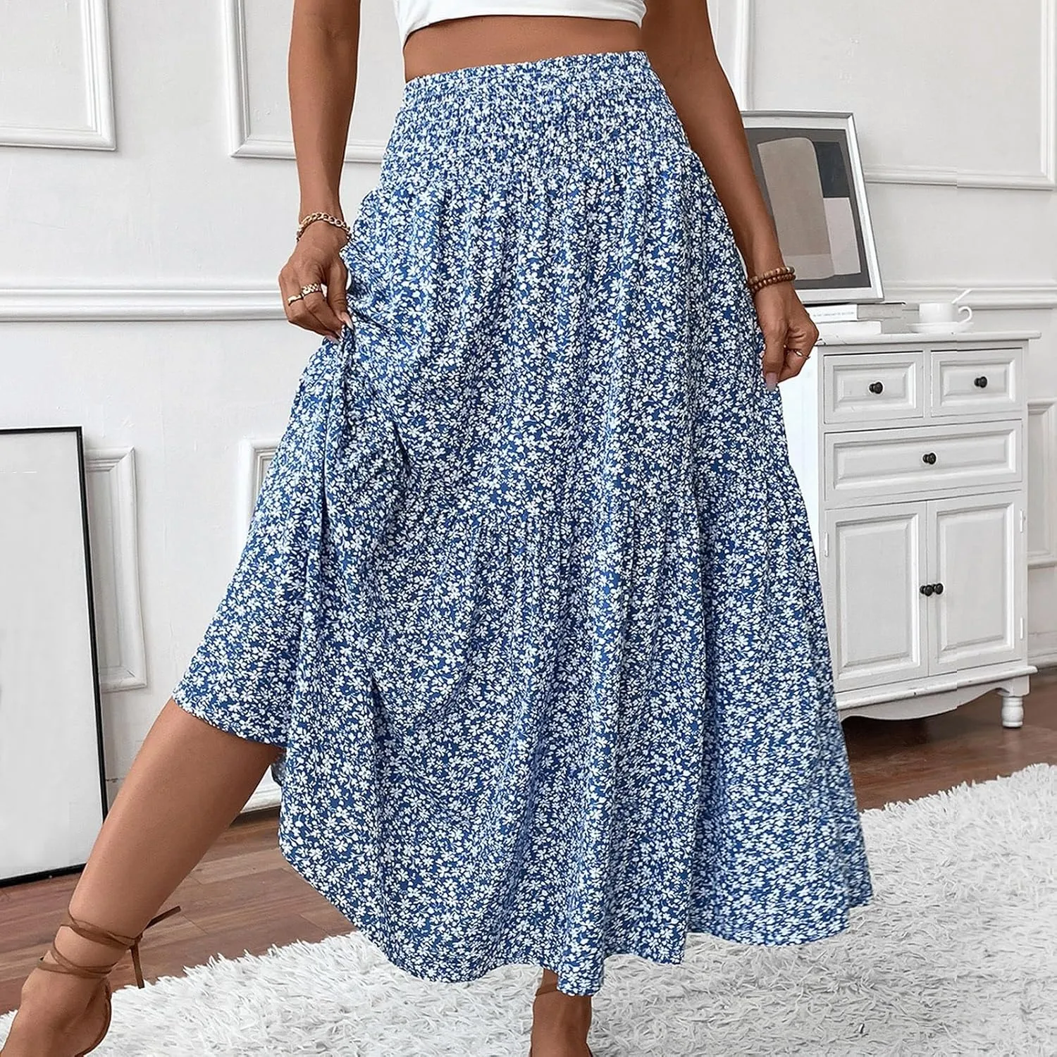 Midi Skirt,Flowy Long Skirts for Women 2025 Elastic High Waisted Pleated Womens Boho Maxi Skirt with Pockets Summer