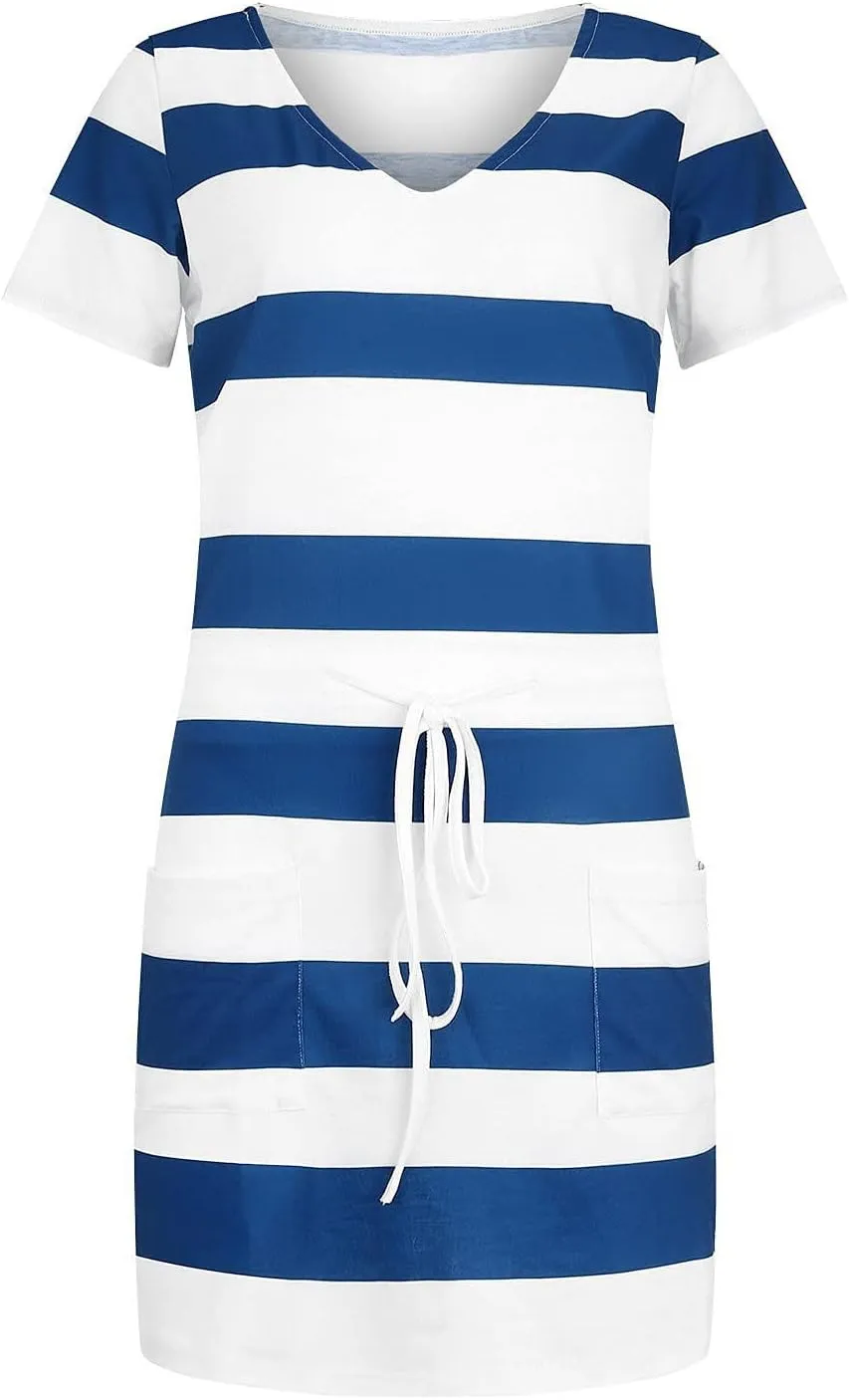 Mini Dresses for Women Sexy V Neck Short Sleeve Stripe Sundress Summer Baggy Elastic Waist Boho Beach Dress w/Pockets