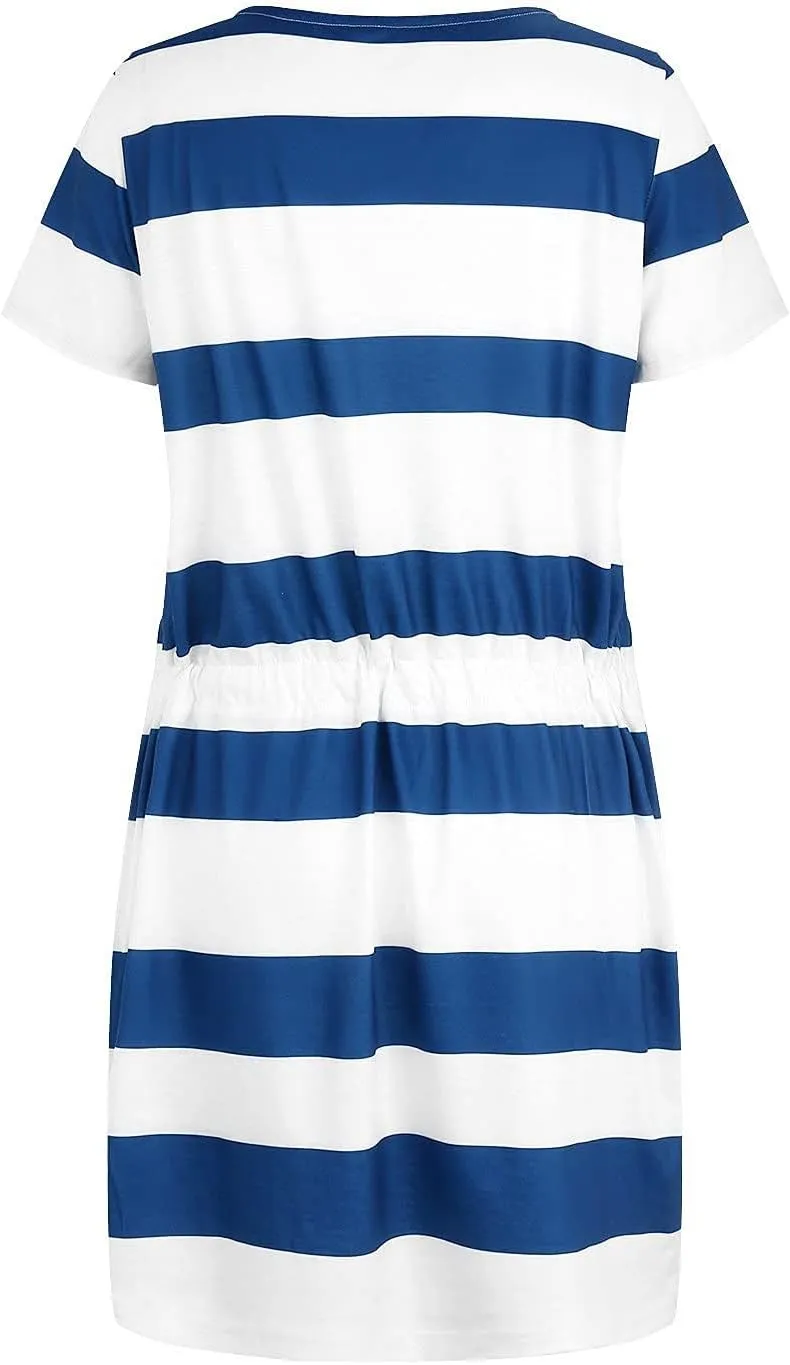 Mini Dresses for Women Sexy V Neck Short Sleeve Stripe Sundress Summer Baggy Elastic Waist Boho Beach Dress w/Pockets
