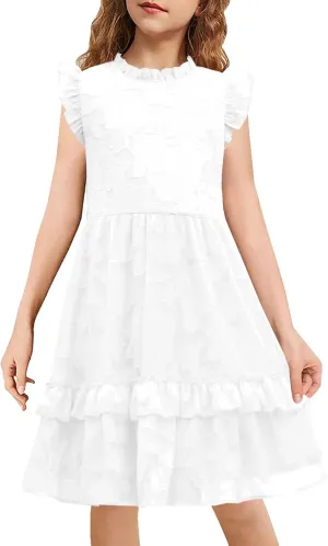 MITILLY Girls Summer Ruffle Dress Elegant Flutter Sleeve A Line Flowy Formal Party Mini Dresses with Pockets 6-13 Years