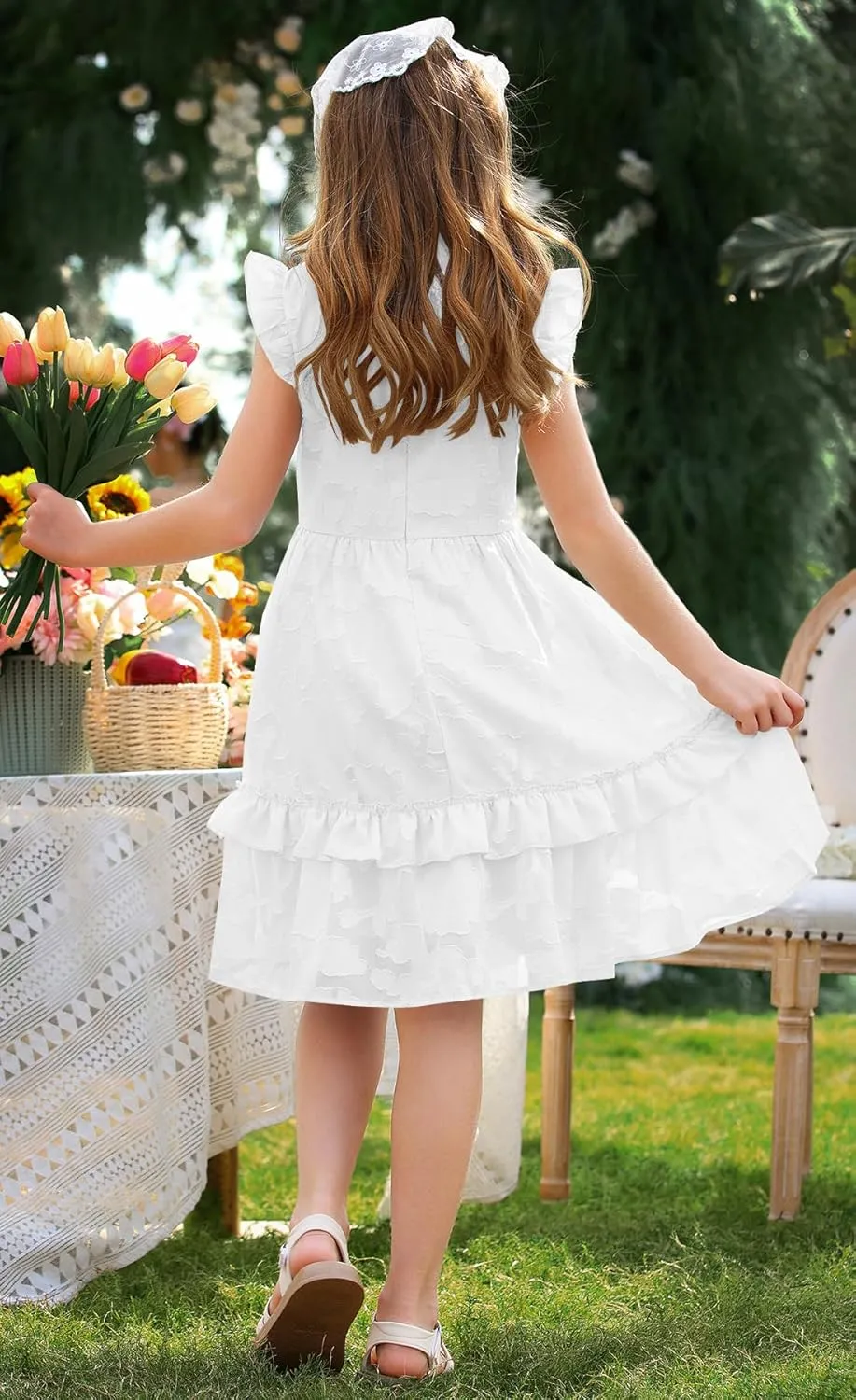 MITILLY Girls Summer Ruffle Dress Elegant Flutter Sleeve A Line Flowy Formal Party Mini Dresses with Pockets 6-13 Years