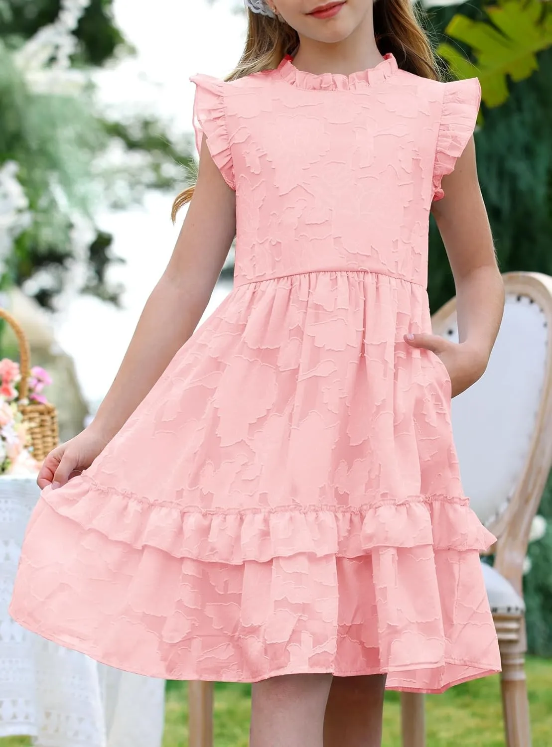MITILLY Girls Summer Ruffle Dress Elegant Flutter Sleeve A Line Flowy Formal Party Mini Dresses with Pockets 6-13 Years