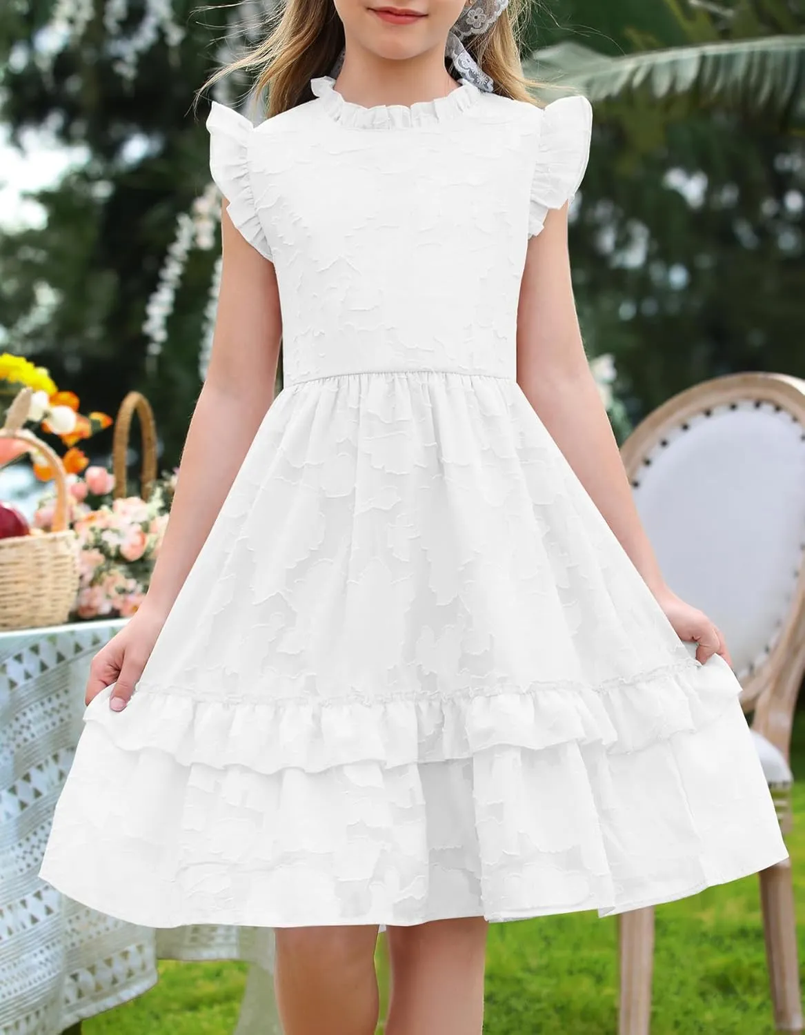 MITILLY Girls Summer Ruffle Dress Elegant Flutter Sleeve A Line Flowy Formal Party Mini Dresses with Pockets 6-13 Years