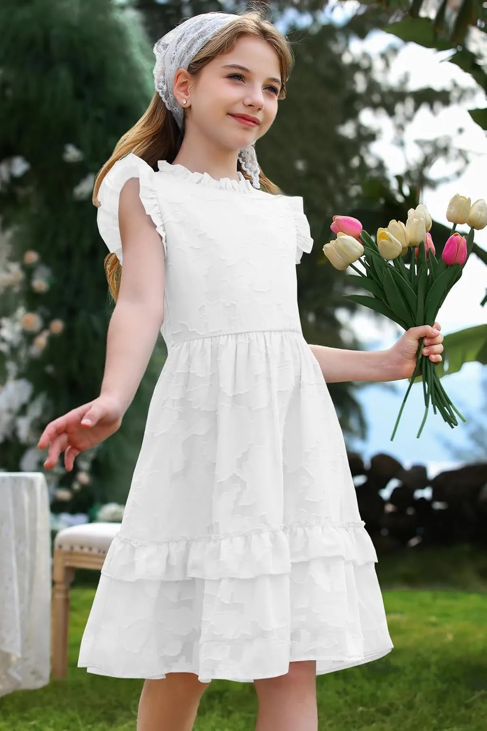 MITILLY Girls Summer Ruffle Dress Elegant Flutter Sleeve A Line Flowy Formal Party Mini Dresses with Pockets 6-13 Years