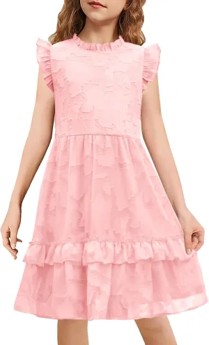MITILLY Girls Summer Ruffle Dress Elegant Flutter Sleeve A Line Flowy Formal Party Mini Dresses with Pockets 6-13 Years