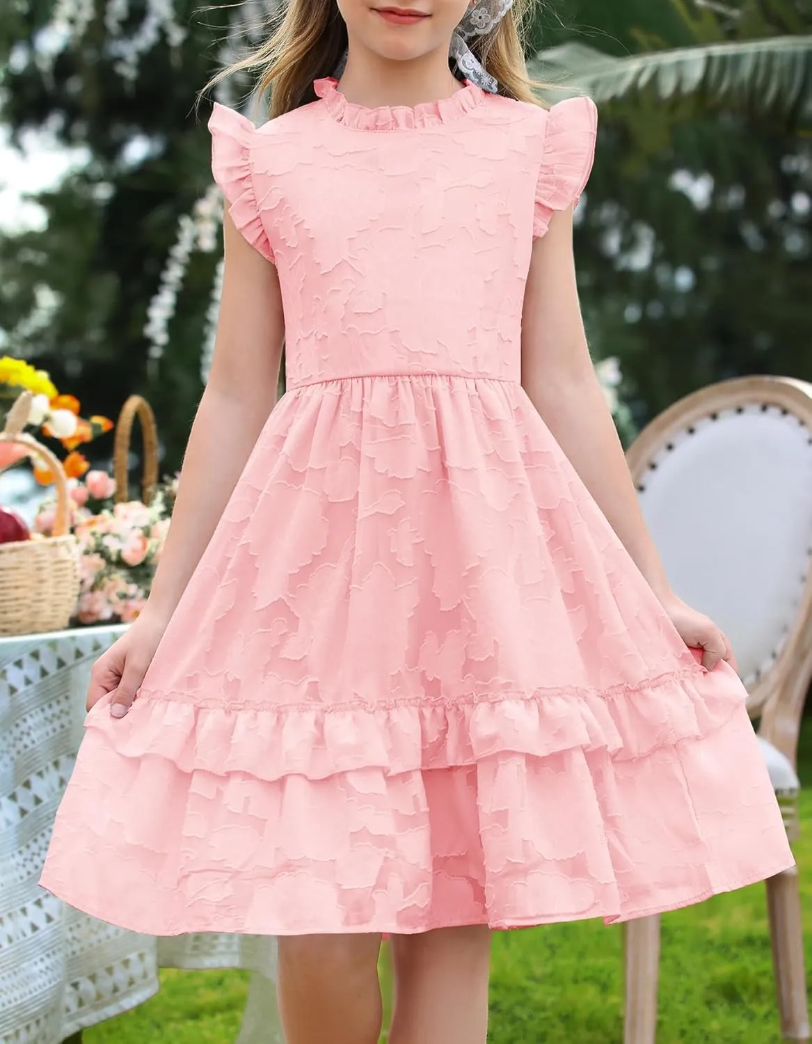 MITILLY Girls Summer Ruffle Dress Elegant Flutter Sleeve A Line Flowy Formal Party Mini Dresses with Pockets 6-13 Years