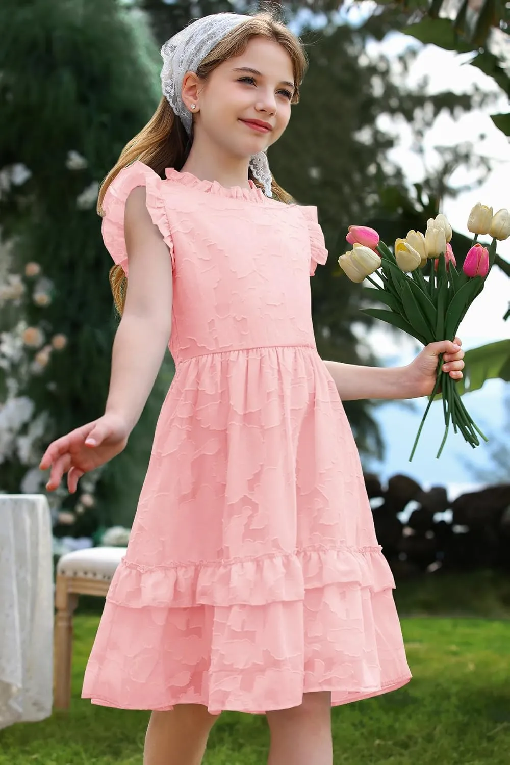 MITILLY Girls Summer Ruffle Dress Elegant Flutter Sleeve A Line Flowy Formal Party Mini Dresses with Pockets 6-13 Years