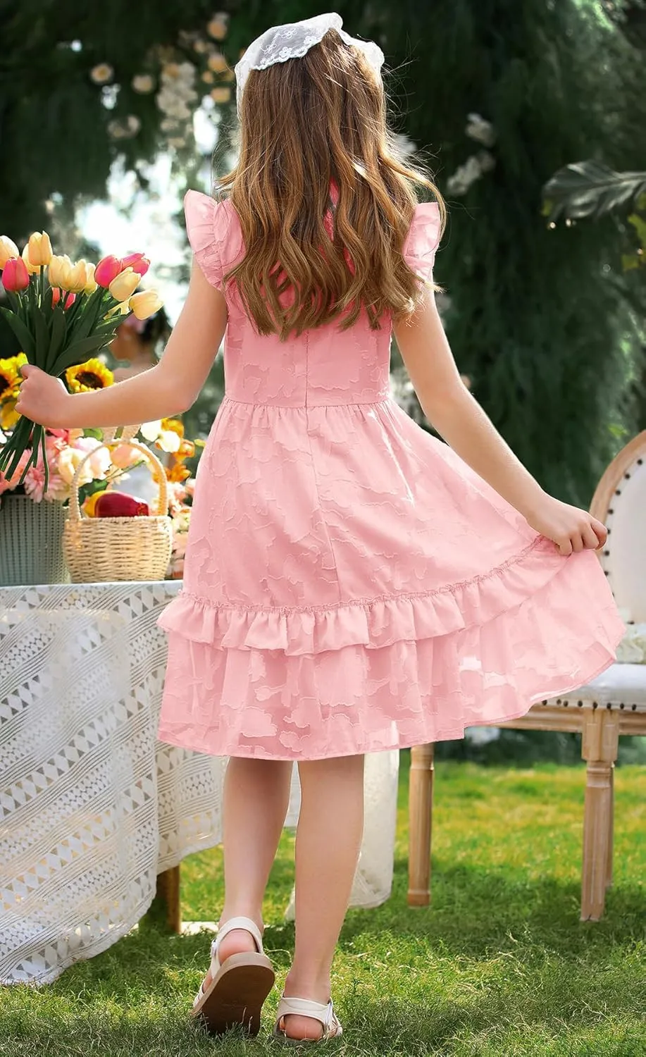 MITILLY Girls Summer Ruffle Dress Elegant Flutter Sleeve A Line Flowy Formal Party Mini Dresses with Pockets 6-13 Years