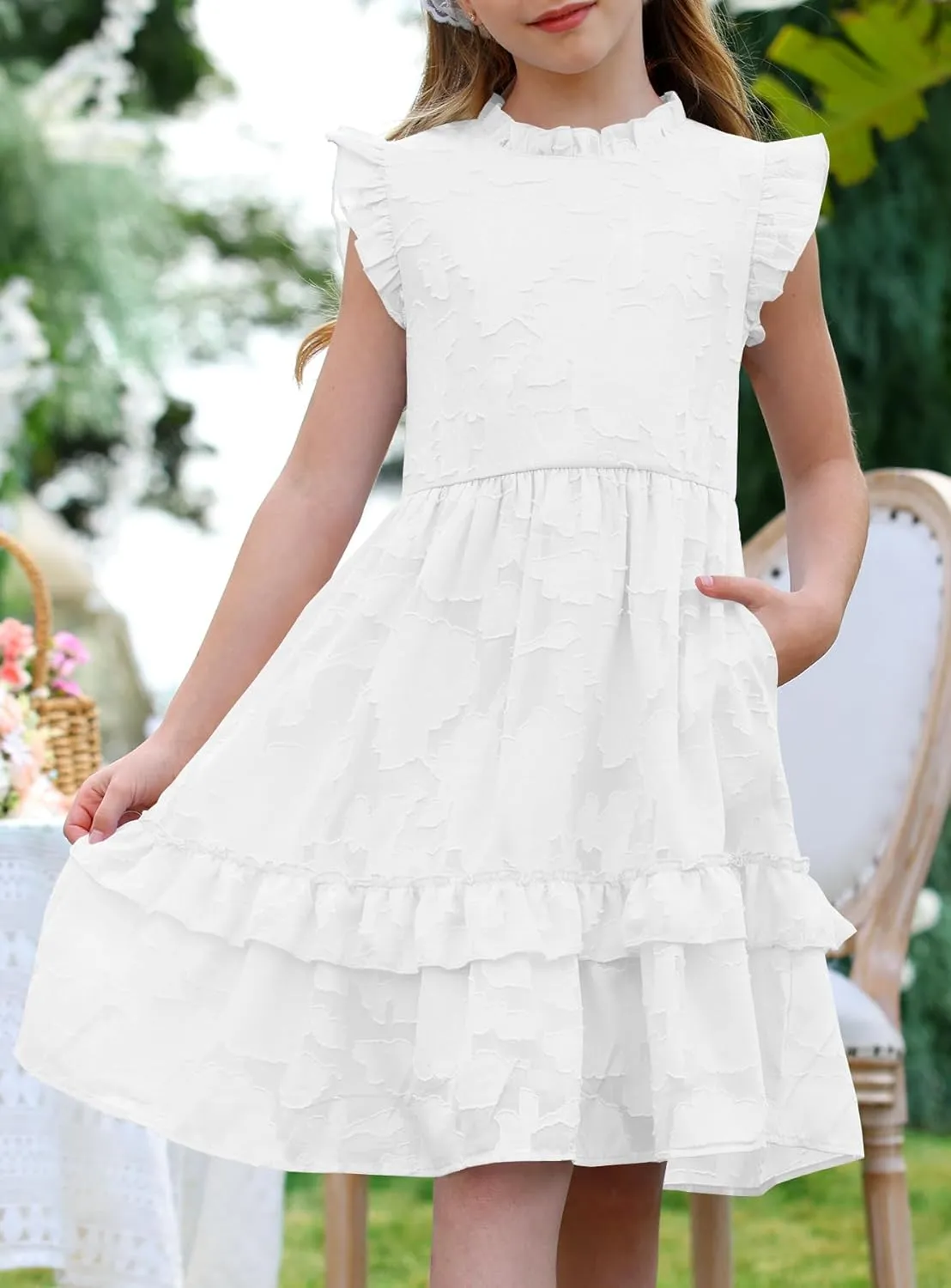 MITILLY Girls Summer Ruffle Dress Elegant Flutter Sleeve A Line Flowy Formal Party Mini Dresses with Pockets 6-13 Years