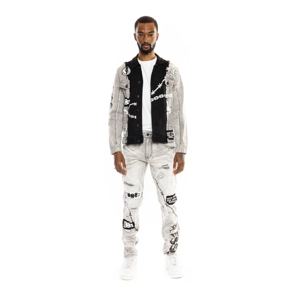 Mixed Media Fashion Jean Jacket - Frost Grey