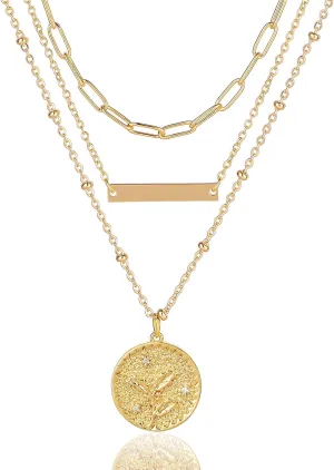 MJartoria Gold Layered Necklaces for Women Trendy Birth Flower Necklaces, December Holly Necklace, 14K Gold Plated Necklaces Engraved Coin, Bar Pendant, Paper Clip Chain Necklace Birthday Gifts