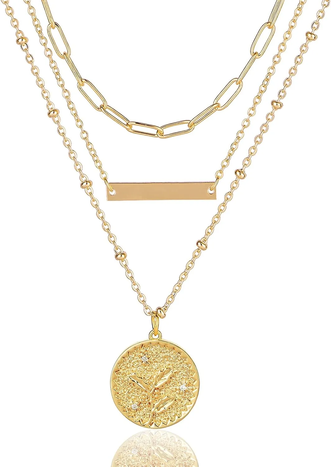 MJartoria Gold Layered Necklaces for Women Trendy Birth Flower Necklaces, December Holly Necklace, 14K Gold Plated Necklaces Engraved Coin, Bar Pendant, Paper Clip Chain Necklace Birthday Gifts