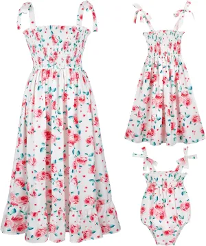 Mommy and Me Floral Smocked Dress Family Matching Outfits Set Sleeveless Sundress Beach Summer Casual Dress