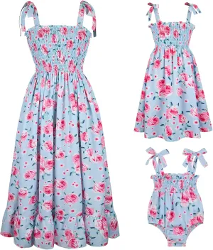 Mommy and Me Floral Smocked Dress Family Matching Outfits Set Sleeveless Sundress Beach Summer Casual Dress
