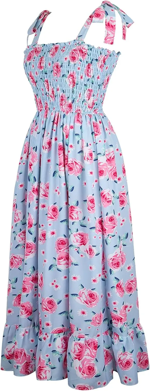 Mommy and Me Floral Smocked Dress Family Matching Outfits Set Sleeveless Sundress Beach Summer Casual Dress