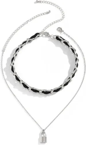 Multi Layered Necklace, Silver Necklaces for Women 2 Layer Pendant Necklaces Lock Design Anniversary Fashion Jewelry