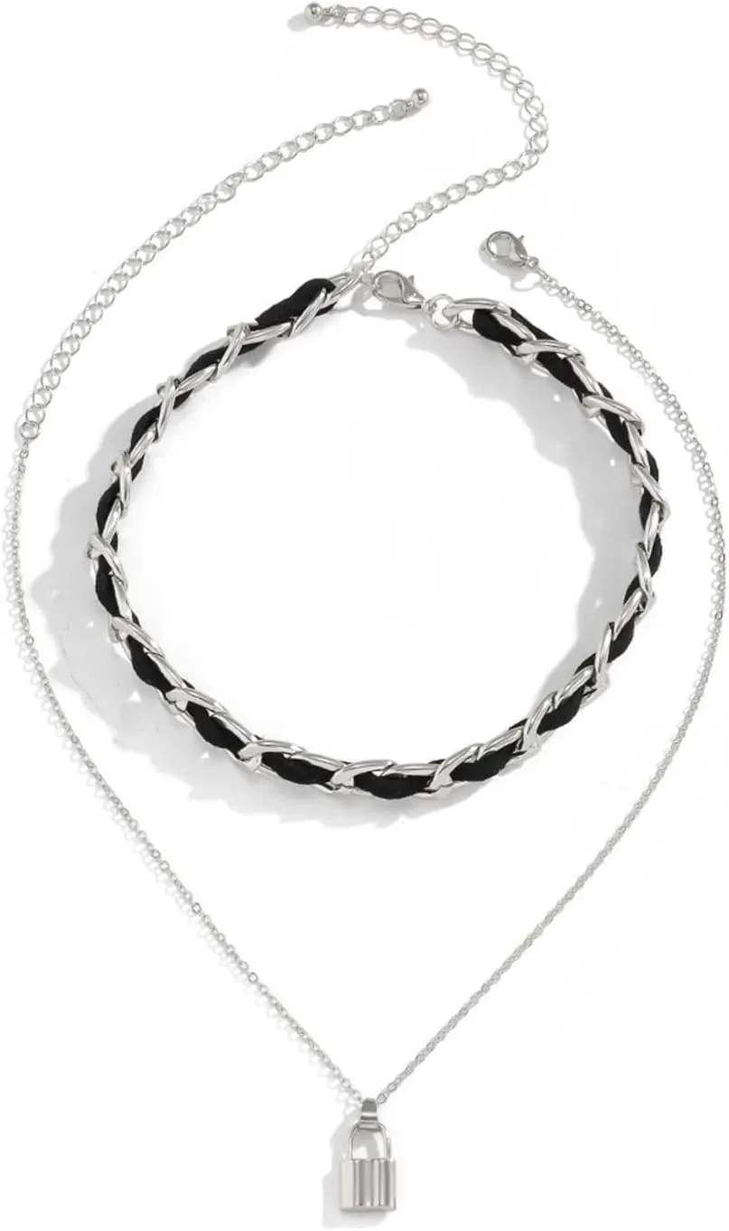 Multi Layered Necklace, Silver Necklaces for Women 2 Layer Pendant Necklaces Lock Design Anniversary Fashion Jewelry