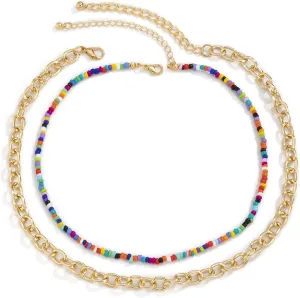 Multilayer Necklace Gold, Layered Necklaces for Women Colorful Beads Chain Necklaces Women Jewelry, 2 Pieces, Gold
