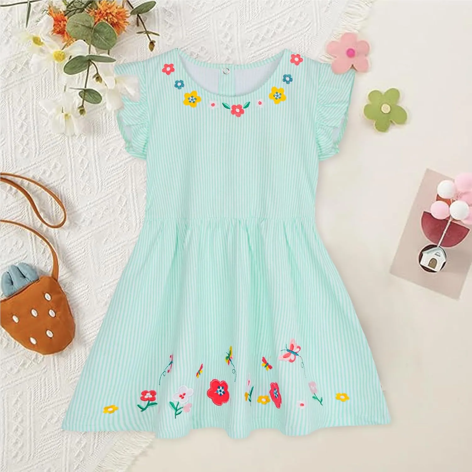 Mumetaz Toddler Girls Dress Ruffle Sleeveless Embroidery Floral Dress Casual Striple Summer Beach Sundress 1-6T
