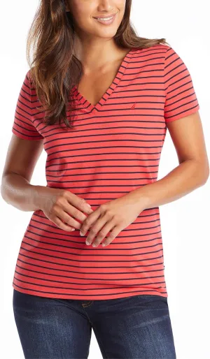 Nautica Women's Easy Comfort V-Neck Striped Supersoft Stretch Cotton T-Shirt