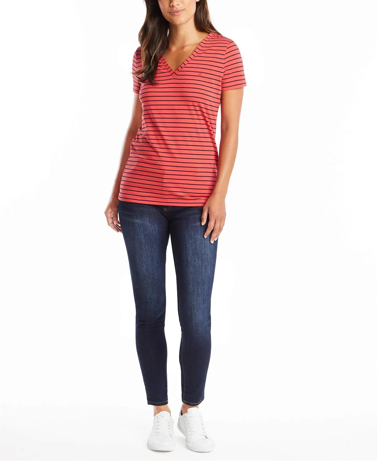 Nautica Women's Easy Comfort V-Neck Striped Supersoft Stretch Cotton T-Shirt