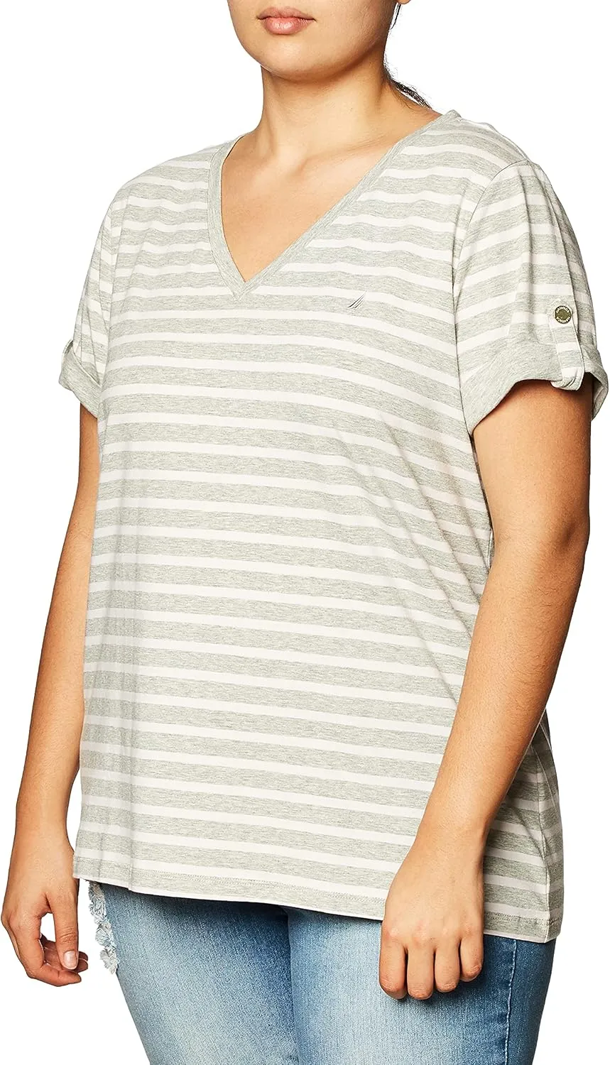 Nautica Women's Easy Comfort V-Neck Striped Supersoft Stretch Cotton T-Shirt