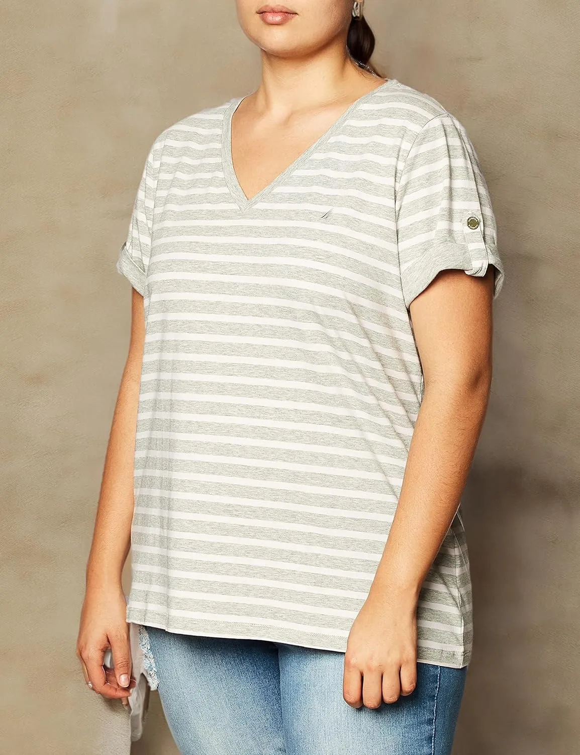 Nautica Women's Easy Comfort V-Neck Striped Supersoft Stretch Cotton T-Shirt