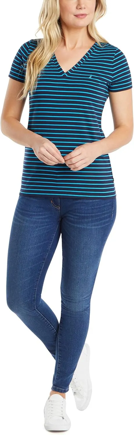 Nautica Women's Easy Comfort V-Neck Striped Supersoft Stretch Cotton T-Shirt